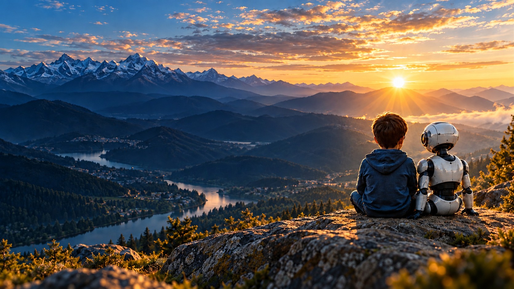 Illustration of a child and a friendly robot looking toward a mountain sunrise